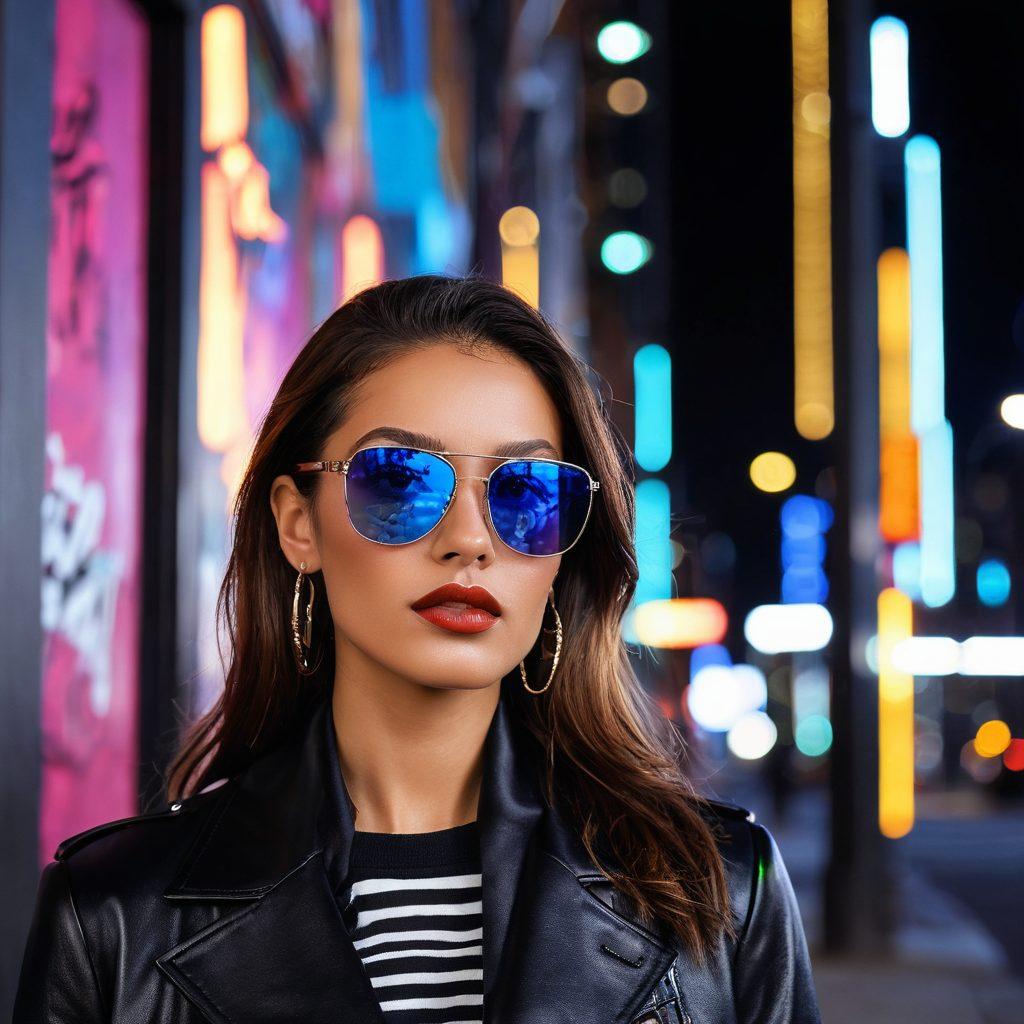 A stylish model wearing Cazal eyewear, showcasing unique and luxurious sunglasses, standing in an urban environment with chic street art in the background. Incorporate reflections of vibrant city lights on the lenses, emphasizing elegance and sophistication. The composition should evoke a sense of allure and fashion fluency. super-realistic. vibrant colors. urban aesthetic.