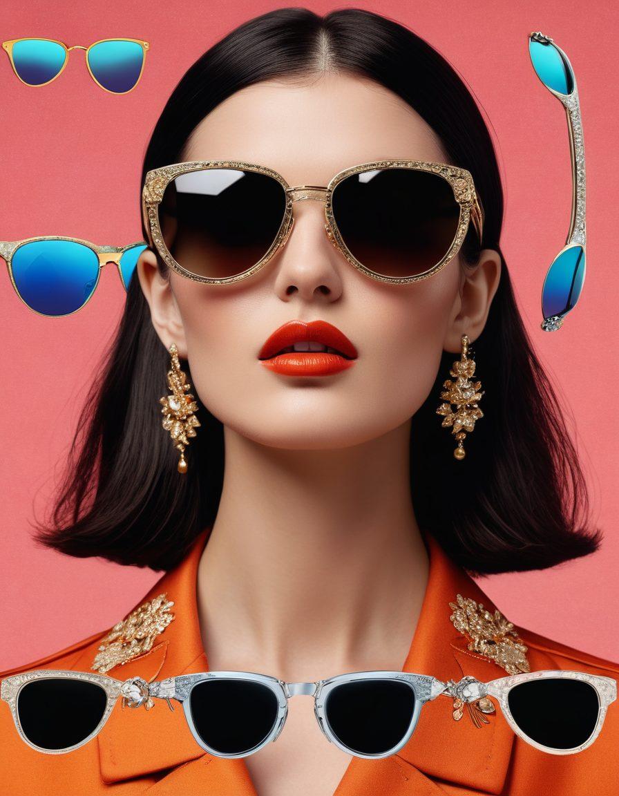 An artistic collage showcasing a timeline of luxurious sunglasses styles, ranging from classic aviators to futuristic avant-garde designs. Include intricate details like vintage frames with gemstones, sleek modern silhouettes, and bold experimental shapes, all set against a stylish backdrop featuring fashion accessories. Capture the essence of fashion evolution and elegance. vibrant colors. super-realistic. 3D.